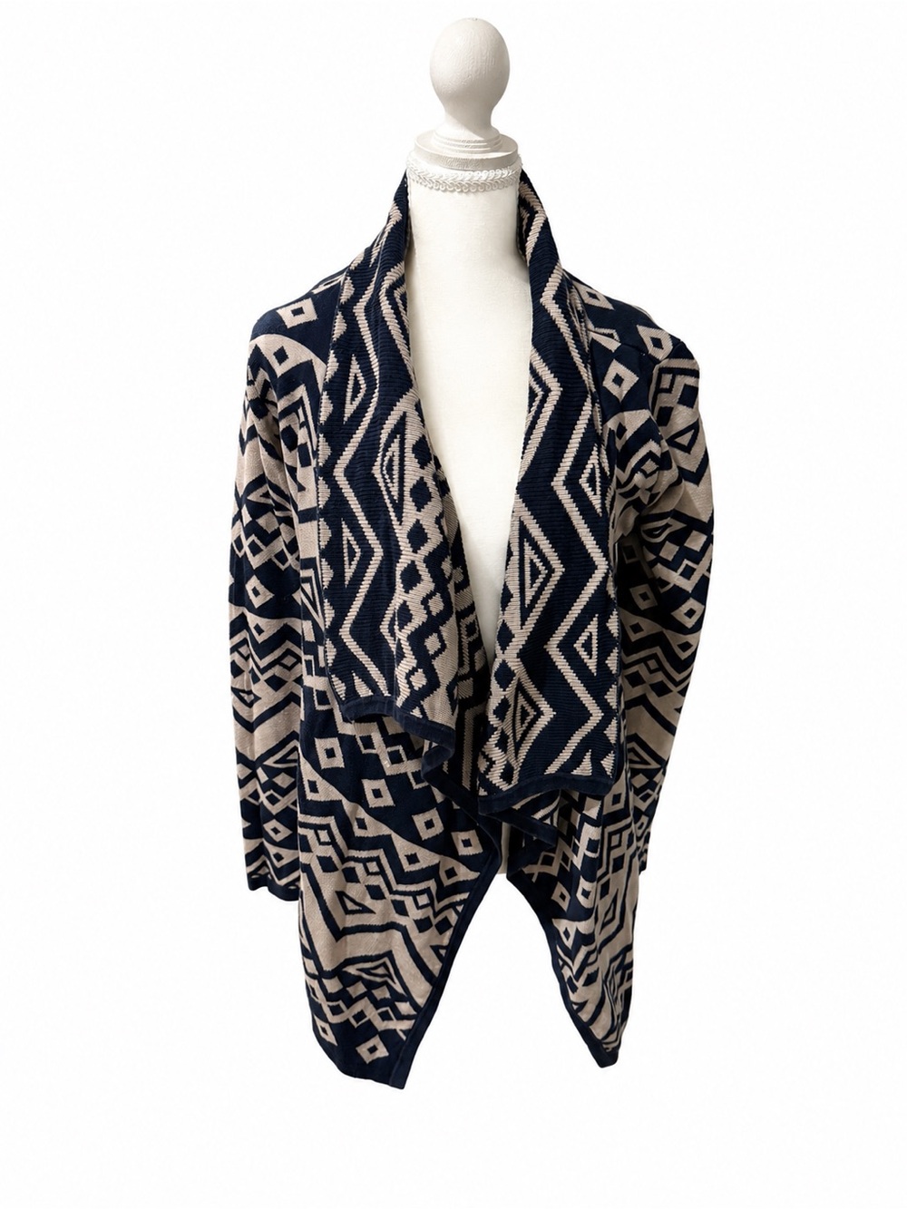 THML Small Navy Tan Aztec Open Front Cardigan Sweater